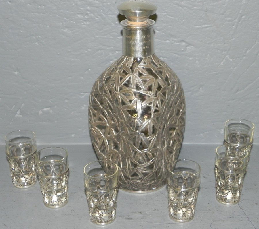 7 pc. sterling overlay decanter set & coaster: (7) piece marked 950 sterling bamboo style overlay decanter and cordial set and hallmarked English sterling coaster