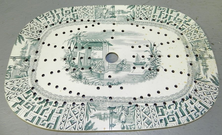 Copeland Spode dec. strainer w/sailboat scene.: Copeland Spode decorated strainer with sailboat scene. 9 3/4" x 14 3/4" .