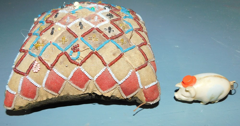Antique Beaded Pin Cushion & Pig Tape Measure (1 of 1)