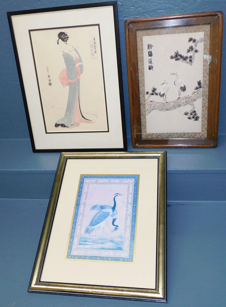 2 Oriental Framed Prints & Oriental Silk with Framed Applied Seashells & Cranes (1 of 4)