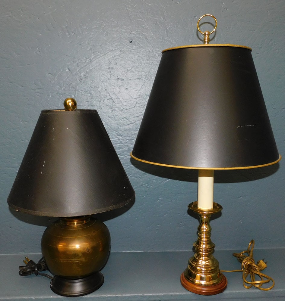2 Brass Lamps, (1 by Baldwin): 2 Brass Lamps, (1 by Baldwin). 26" H ALL DESCRIPTIONS AND ANY CONDITION STATEMENT GIVEN BY LANGSTON AUCTION GALLERY ARE STRICTLY OPINIONS AND LANGSTON'S SHALL HAVE NO RESPONSIBILITY FOR ERRORS OR OMIS