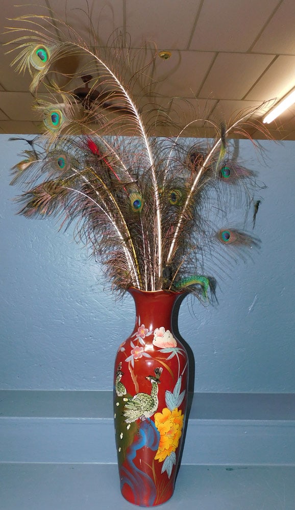 Painted Porcelain Vase with Peacock Motif & Feathers: Painted Porcelain Vase with Peacock Motif & Feathers. 23 1/2" H ALL DESCRIPTIONS AND ANY CONDITION STATEMENT GIVEN BY LANGSTON AUCTION GALLERY ARE STRICTLY OPINIONS AND LANGSTON'S SHALL HAVE NO RESPON