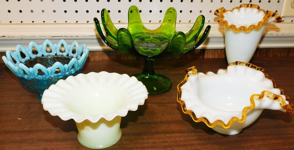 Lot of Fenton Amber Crest, Fenton Blackberry Custard, Viking & Blue Opalescent Glass (1 of 6)