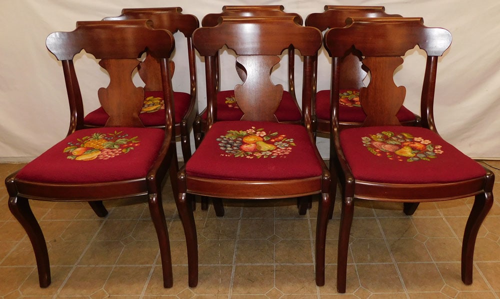 Set of 6 Mahogany Needlepoint Seat Dining Chairs: Set of 6 Mahogany Needlepoint Seat Dining Chairs . 33 1/2" H ALL DESCRIPTIONS AND ANY CONDITION STATEMENT GIVEN BY LANGSTON AUCTION GALLERY ARE STRICTLY OPINIONS AND LANGSTON'S SHALL HAVE NO RESPONSIB