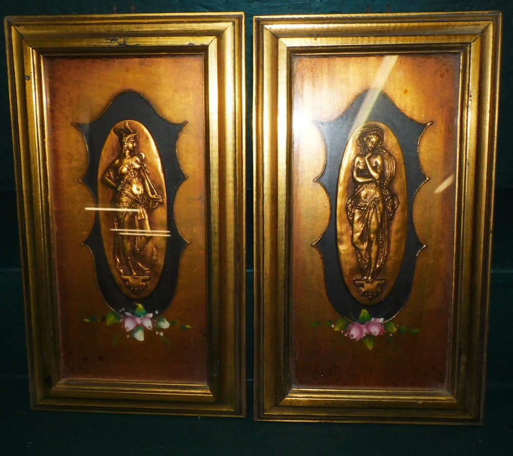 Pair of Framed Gilded Plaques: Pair of Framed Gilded Plaques. 9 1/2" x 16 1/2" ALL DESCRIPTIONS AND ANY CONDITION STATEMENT GIVEN BY LANGSTON AUCTION GALLERY ARE STRICTLY OPINIONS AND LANGSTON'S SHALL HAVE NO RESPONSIBILITY FOR ERR