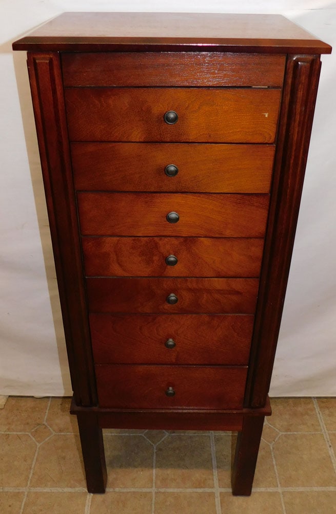Mahogany Jewelry Cabinet: Mahogany Jewelry Cabinet . 16" W 10 1/2" D 40 1/4" H ALL DESCRIPTIONS AND ANY CONDITION STATEMENT GIVEN BY LANGSTON AUCTION GALLERY ARE STRICTLY OPINIONS AND LANGSTON'S SHALL HAVE NO RESPONSIBILITY FO