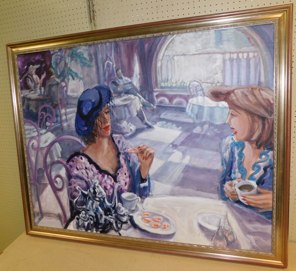Large Oil on Canvas of Ladies Drinking Coffee Signed (1 of 4)