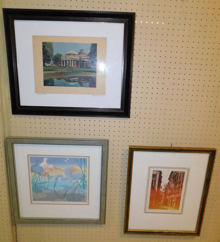 Framed Colored Engraving Pencil Signed & 2 Framed Prints Auction