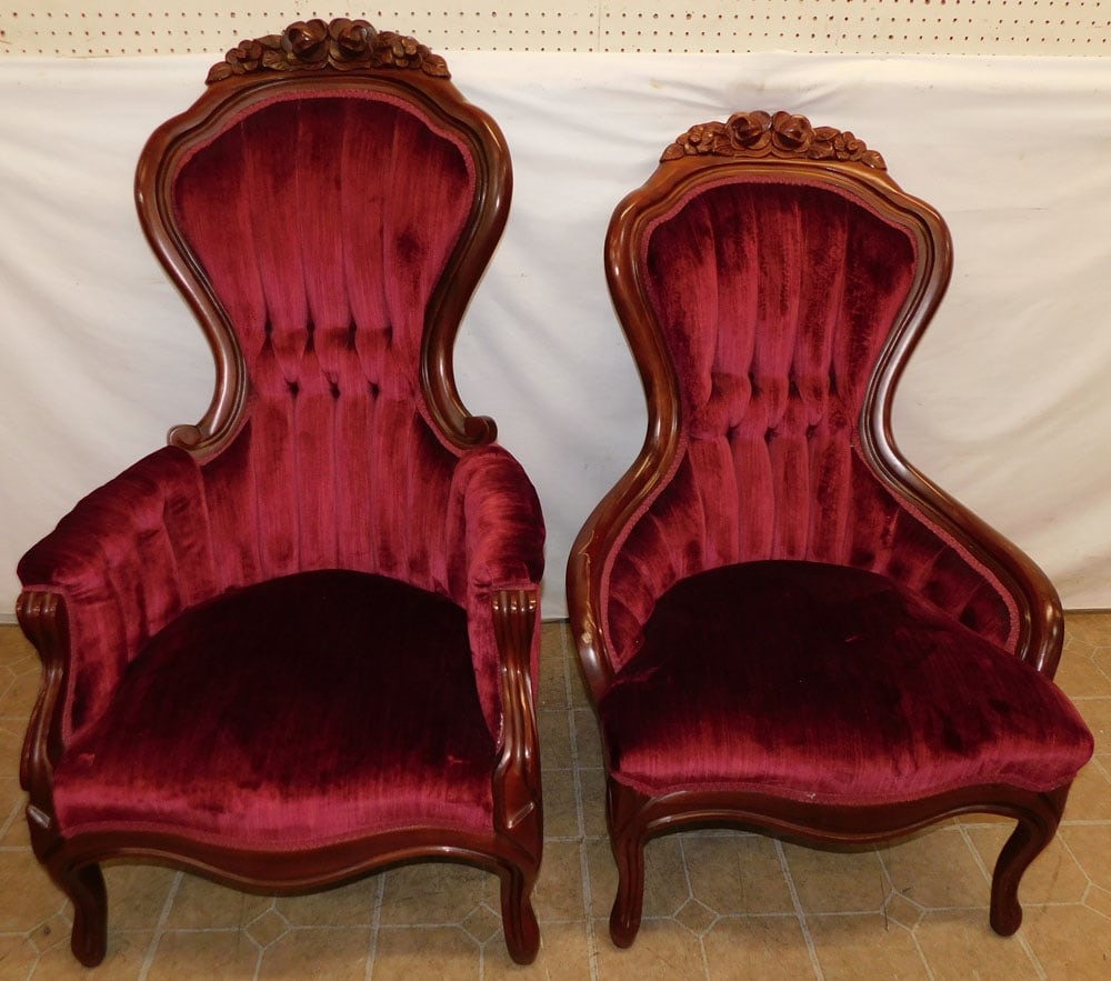 Pair Mahogany Carved Victorian Style Gents & Ladies Chairs (1 of 8)