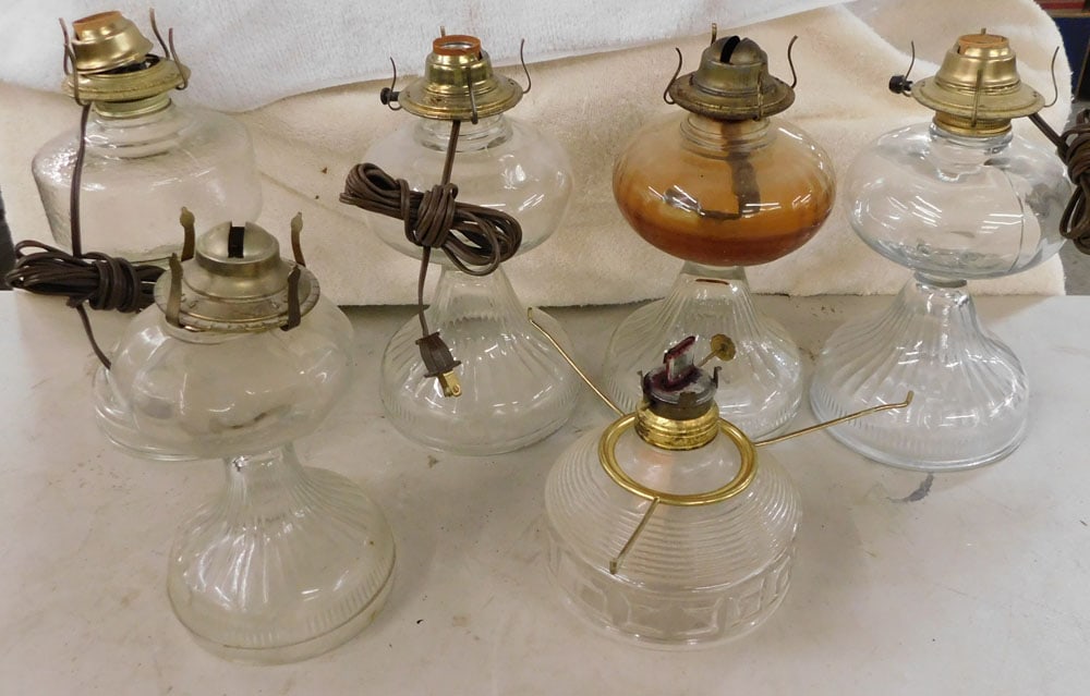 Lot Six Glass Oil Lamps (3 Electrified) (1 of 3)