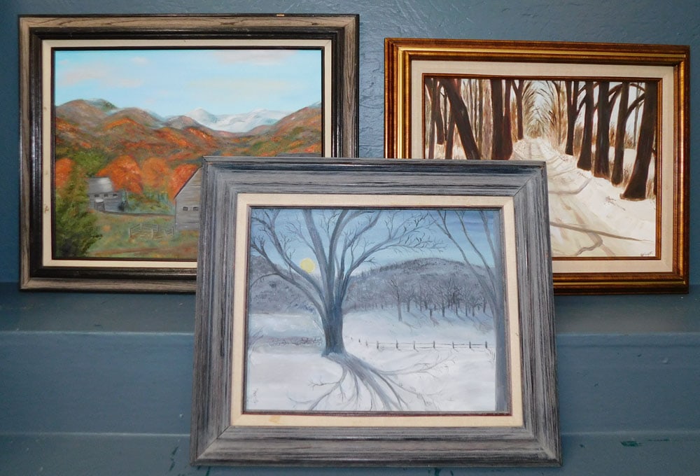 Three Oil On Canvas Snow Scene & Farm Scene: Three Oil On Canvas Snow Scene & Farm Scene. 18 1/2" X 22 1/2" ALL DESCRIPTIONS AND ANY CONDITION STATEMENT GIVEN BY LANGSTON AUCTION GALLERY ARE STRICTLY OPINIONS AND LANGSTON'S SHALL HAVE NO RESPONS