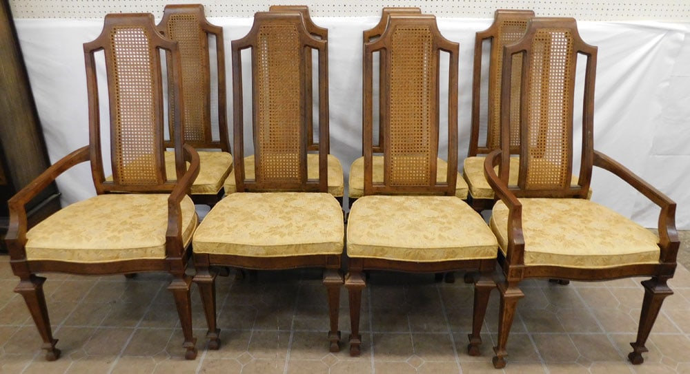 Set 8 Walnut Cane Back Dining Chairs By Drexel (1 of 7)