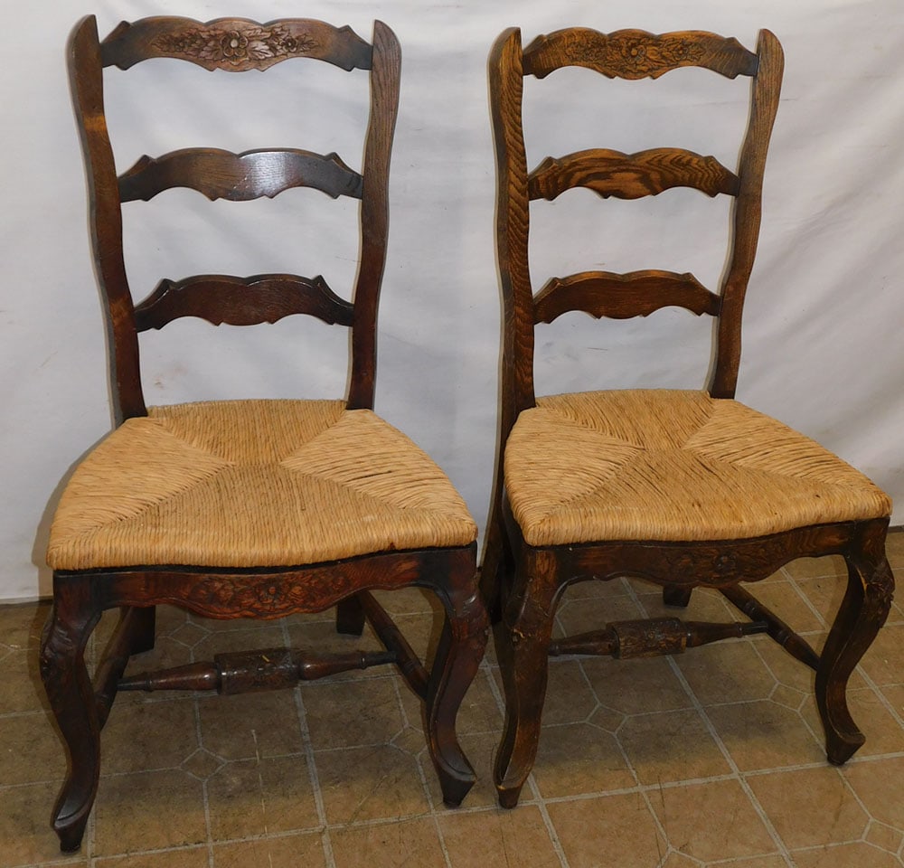Pair of Country French Carved Oak Ladder Back Rush Seat Dining Chairs (1 of 4)
