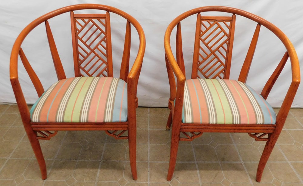 Pair Painted Faux Rattan Horse Shoe Back Arm Chairs: Pair Painted Faux Rattan Horse Shoe Back Arm Chairs. 35" H ALL DESCRIPTIONS AND ANY CONDITION STATEMENT GIVEN BY LANGSTON AUCTION GALLERY ARE STRICTLY OPINIONS AND LANGSTON'S SHALL HAVE NO RESPONSIBIL
