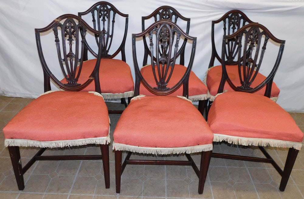 Set of 6 Mahogany Shield Back Dining Chairs, (1 As Is) (1 of 6)