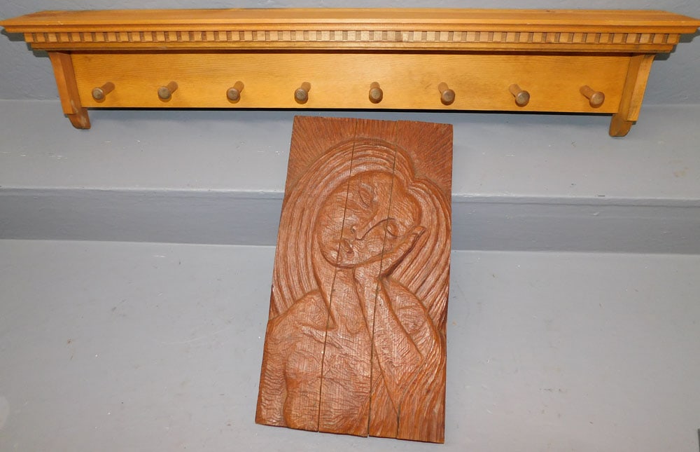 Pine Shelf/ Rack & Oak Carved Panel Of Lady (1 of 4)