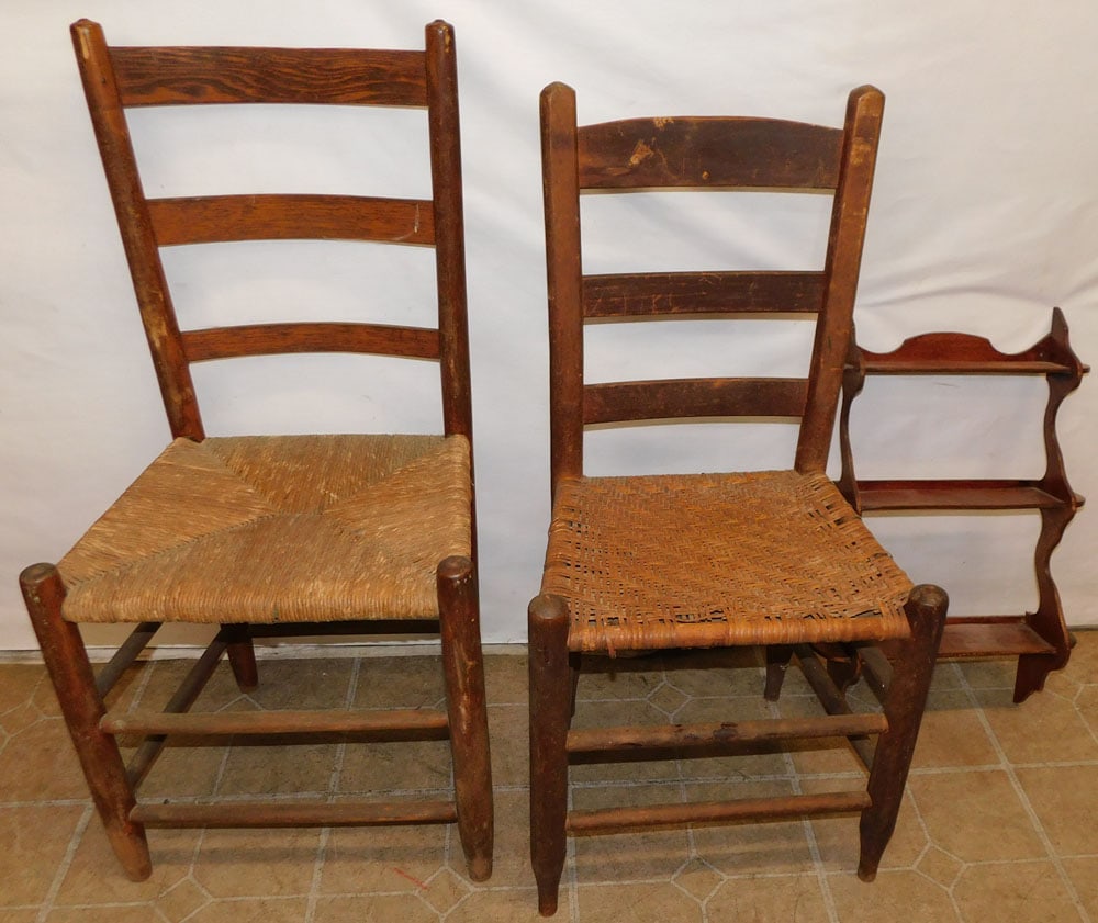 Pair Antique Oak Ladder Back Chairs & Small Mahogany Shelf (1 of 4)