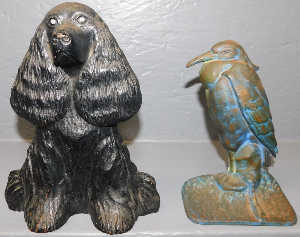 Cast Iron Dog & Bird Door Stops: Cast Iron Dog & Bird Door Stops. 8 1/2" H ALL DESCRIPTIONS AND ANY CONDITION STATEMENT GIVEN BY LANGSTON AUCTION GALLERY ARE STRICTLY OPINIONS AND LANGSTON'S SHALL HAVE NO RESPONSIBILITY FOR ERRORS OR
