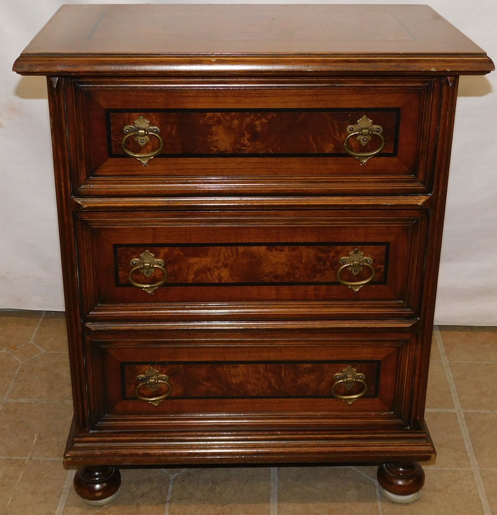 Walnut & Burl Walnut Inlaid Three Drawer Night Stand (1 of 6)