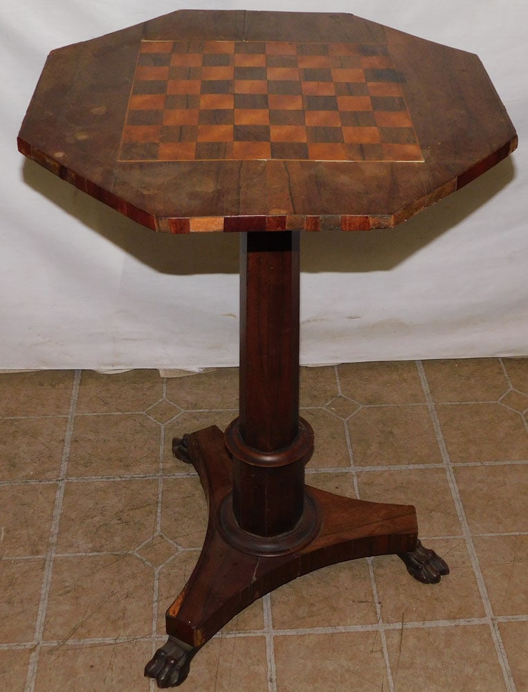 Antique Checker Board Top Stand: Antique Checker Board Top Stand. 19 1/2" Dia 28" H ALL DESCRIPTIONS AND ANY CONDITION STATEMENT GIVEN BY LANGSTON AUCTION GALLERY ARE STRICTLY OPINIONS AND LANGSTON'S SHALL HAVE NO RESPONSIBILITY FOR 