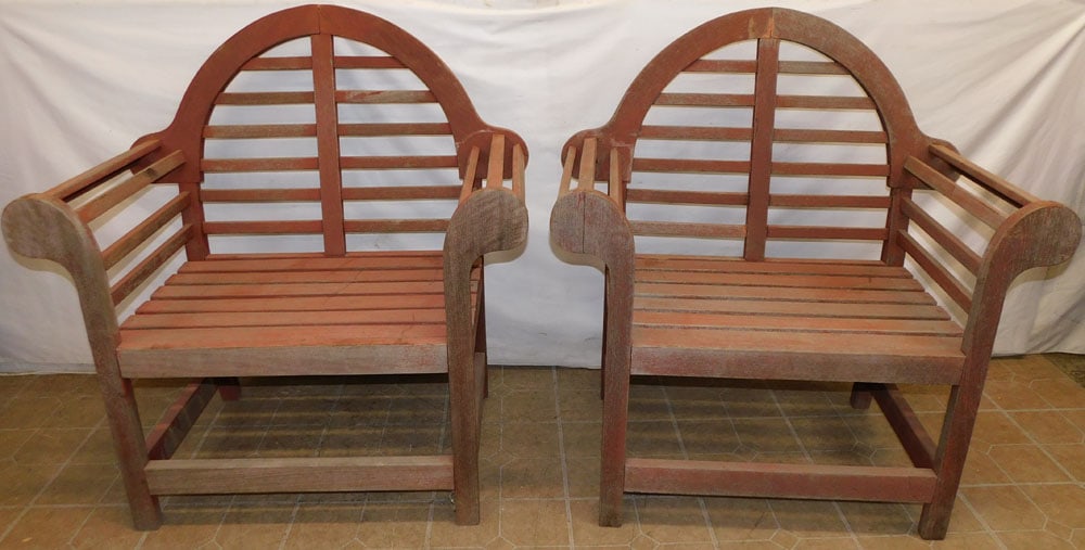 Pair Teak Wood Chippendale Style Outdoor Arm Chairs (1 of 8)