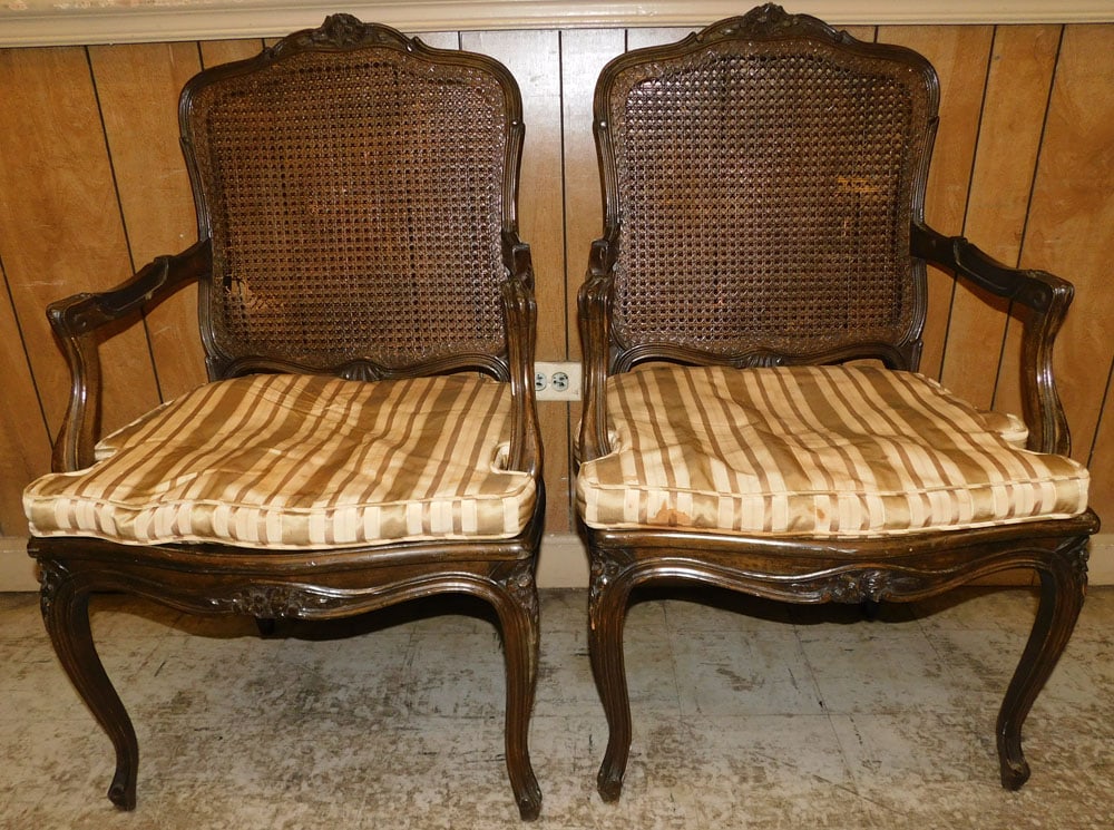 Pair Walnut Carved Cane Back & Bottom Arm Chairs (1 of 5)