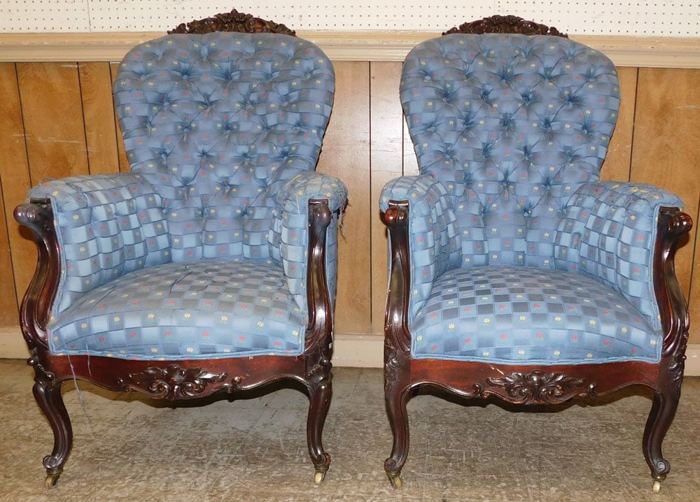 Pair Victorian Mahogany Carved Upholstered Arm Chairs (1 of 5)