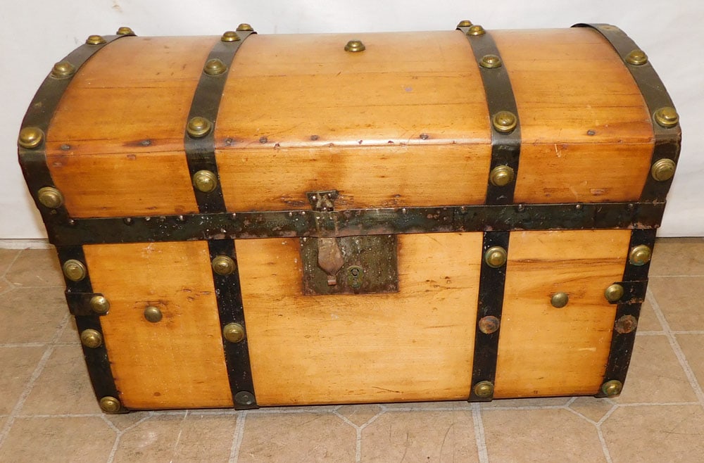 Antique Pine Metal & Brass Bound Box (1 of 5)