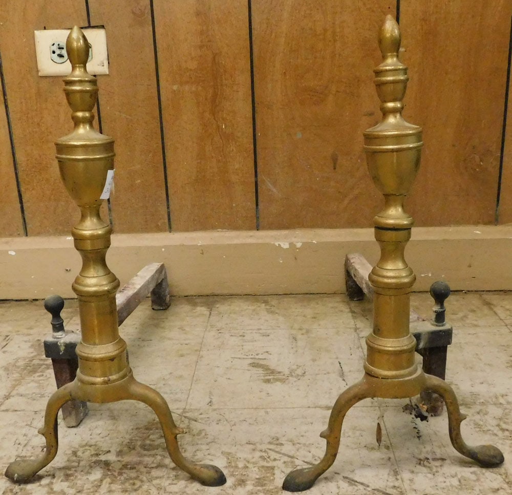 Pair Brass Andirons: Pair Brass Andirons. 16 1/2" H ALL DESCRIPTIONS AND ANY CONDITION STATEMENT GIVEN BY LANGSTON AUCTION GALLERY ARE STRICTLY OPINIONS AND LANGSTON'S SHALL HAVE NO RESPONSIBILITY FOR ERRORS OR OMISSIONS.