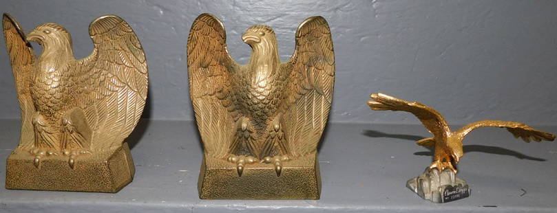 Pair Brass Eagle Bookends & Brass Eagle Figure: Pair Brass Eagle Bookends & Brass Eagle Figure . 6" H ALL DESCRIPTIONS AND ANY CONDITION STATEMENT GIVEN BY LANGSTON AUCTION GALLERY ARE STRICTLY OPINIONS AND LANGSTON'S SHALL HAVE NO RESPONSIBILITY F