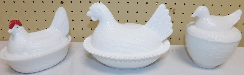 Lot Three Milk glass Chicken On A Nest (1 of 1)