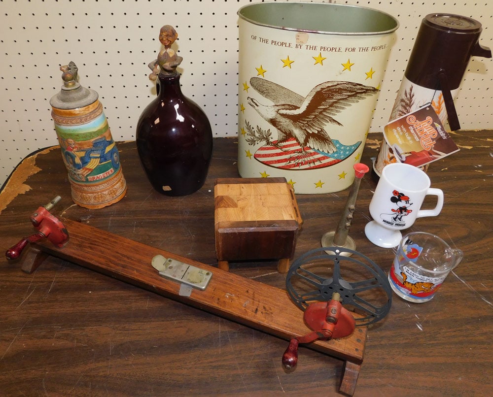 Lot of Vintage Collectibles, Mickey Mouse Cups, & Brown Jug with Figural Cork (1 of 5)