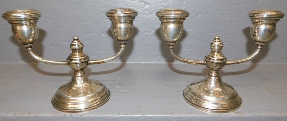 Pair Sterling Weighted Two Light Candlesticks (1 of 4)