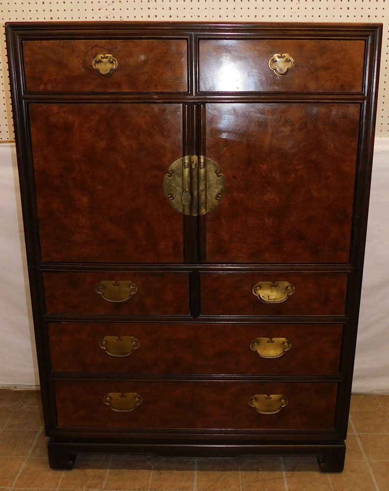 Modern Walnut & Burl Elmwood Chifforobe By Drexel: Modern Walnut & Burl Elmwood Chifforobe By Drexel. 40 1/4" W 19" D 57 1/4" H ALL DESCRIPTIONS AND ANY CONDITION STATEMENT GIVEN BY LANGSTON AUCTION GALLERY ARE STRICTLY OPINIONS AND LANGSTON'S SHALL H