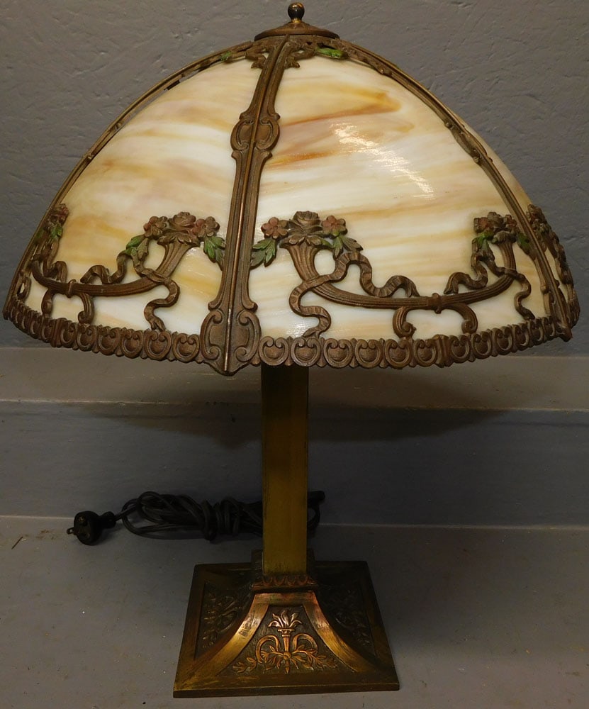 Antique Slag Glass Painted Metal Lamp (1 of 4)