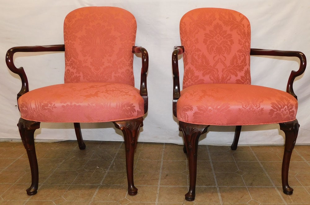 Pair Mahogany Queen Anne Style Arm Chairs (1 of 5)