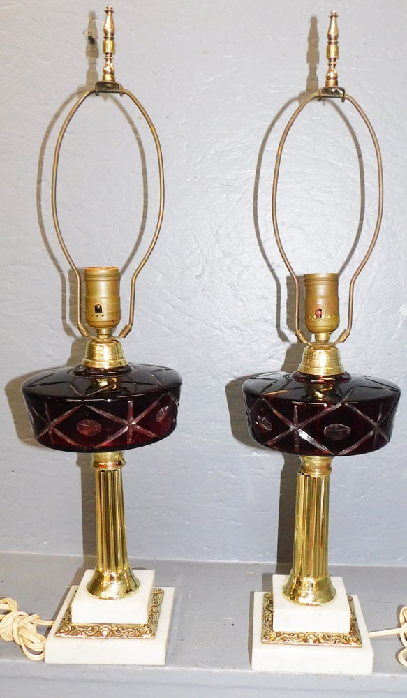 Pair Bohemian Ruby Cut To Clear Marble Base Lamps (1 of 6)