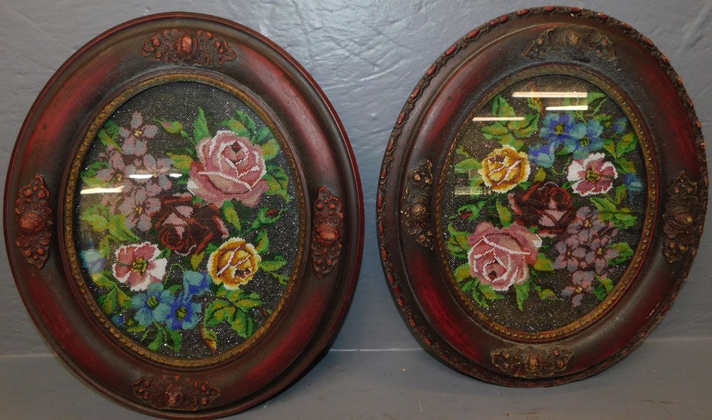 Pair Framed Beaded Floral Scenes (One Glass Broken) (1 of 4)