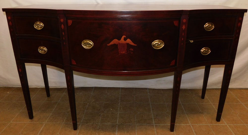 Mahogany Eagle & Bell Flower Inlay Serpentine Front Side Board: Mahogany Eagle & Bell Flower Inlay Serpentine Front Side Board. 66 1/2" W 24 3/4" D 37 1/4" H ALL DESCRIPTIONS AND ANY CONDITION STATEMENT GIVEN BY LANGSTON AUCTION GALLERY ARE STRICTLY OPINIONS AND L