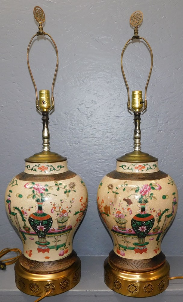 Pair Chinese Crackle Ware Porcelain Vases Made Into Lamps (1 of 5)