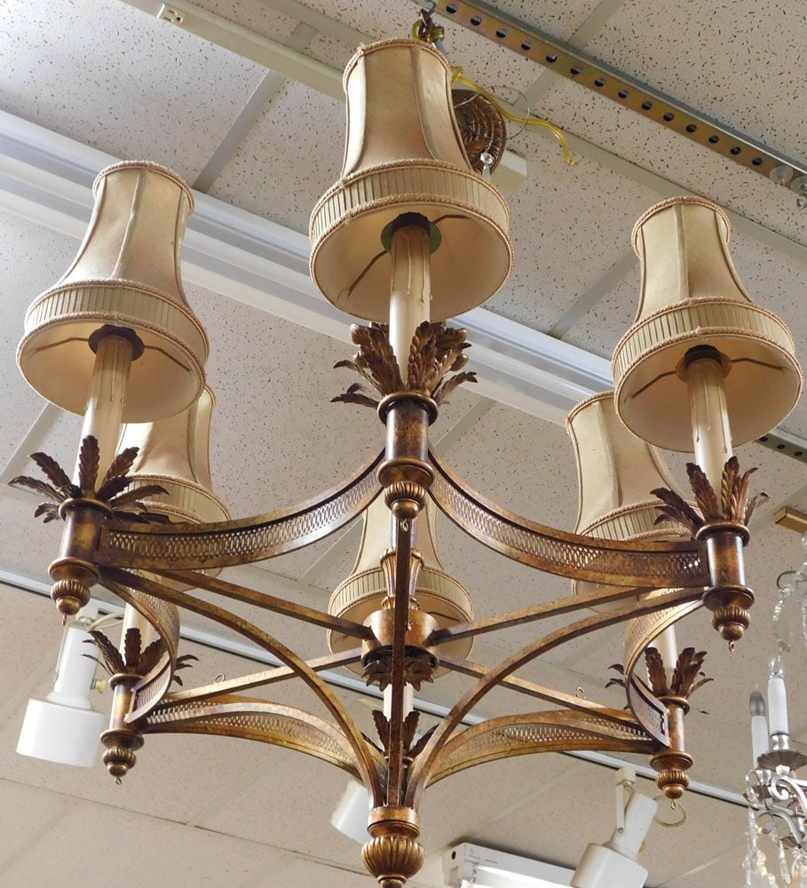 Gilded Metal 6 Light Chandelier: Gilded Metal 6 Light Chandelier. 36" h ALL DESCRIPTIONS AND ANY CONDITION STATEMENT GIVEN BY LANGSTON AUCTION GALLERY ARE STRICTLY OPINIONS AND LANGSTON'S SHALL HAVE NO RESPONSIBILITY FOR ERRORS OR OM