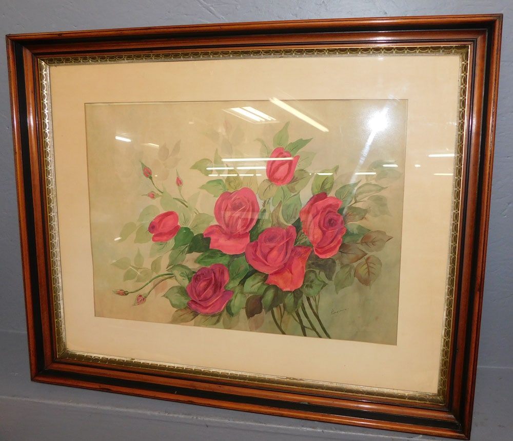 Antique Walnut Shadow Box Framed Watercolor Of Roses (1 of 5)