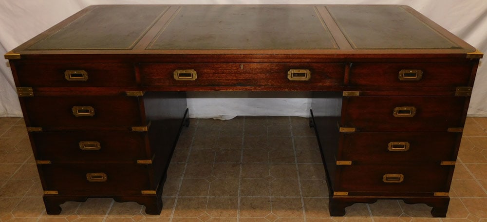 Mahogany Three Part Tooled Leather Top Campaign Style Brass Bound Executive Desk (1 of 9)