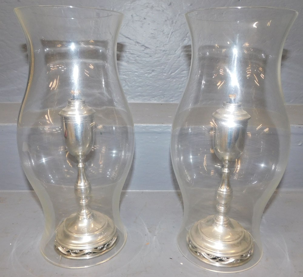 Pair Shirley Pewter Oil Lamps With Hurricane Shades (1 of 4)