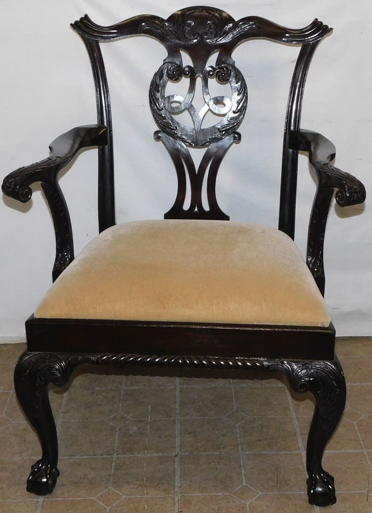 Antique Mahogany Carved Chippendale Arm Chair With Ball & Claw Feet: Antique Mahogany Carved Chippendale Arm Chair With Ball & Claw Feet. 39 1/2" H ALL DESCRIPTIONS AND ANY CONDITION STATEMENT GIVEN BY LANGSTON AUCTION GALLERY ARE STRICTLY OPINIONS AND LANGSTON'S SHALL