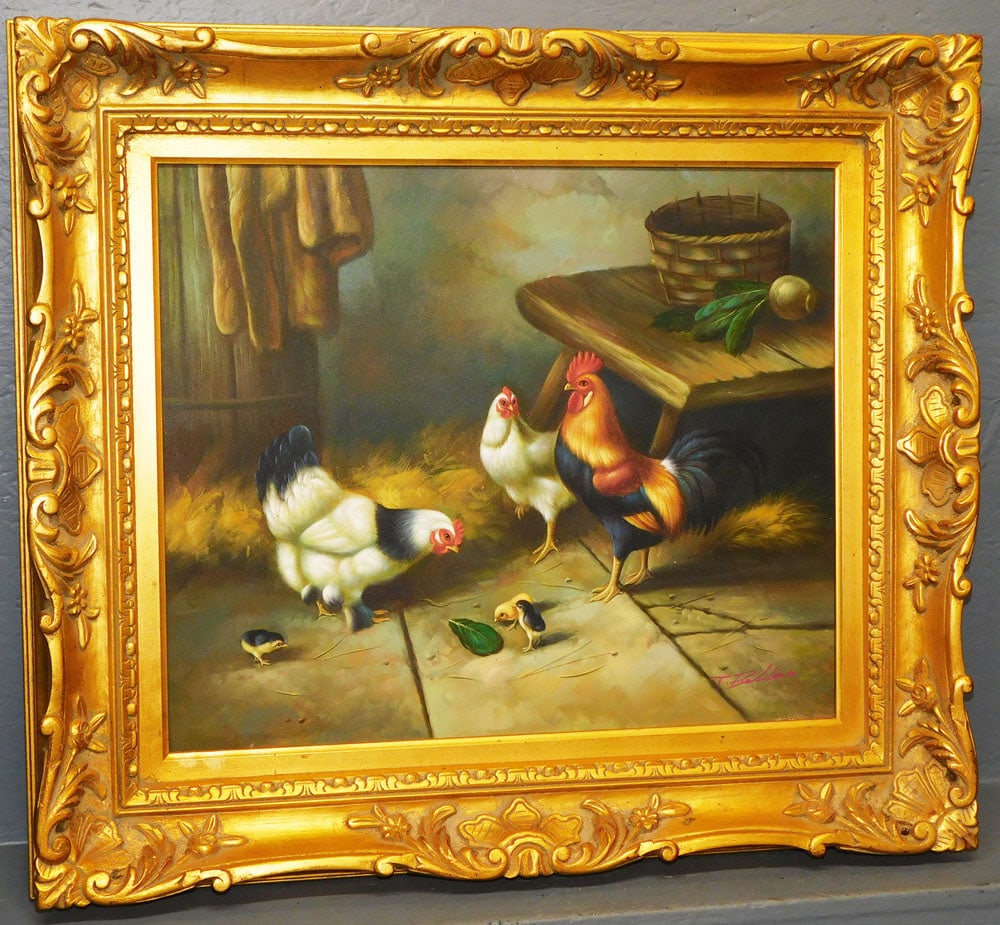 Ornate Framed Oil On Canvas Interior Barn Scene of Chickens - Signed (1 of 4)