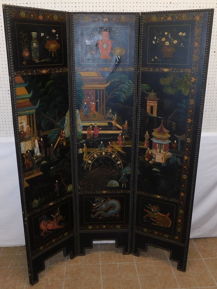 Oriental Paint Decorated 3 Panel Room Divider (1 of 9)