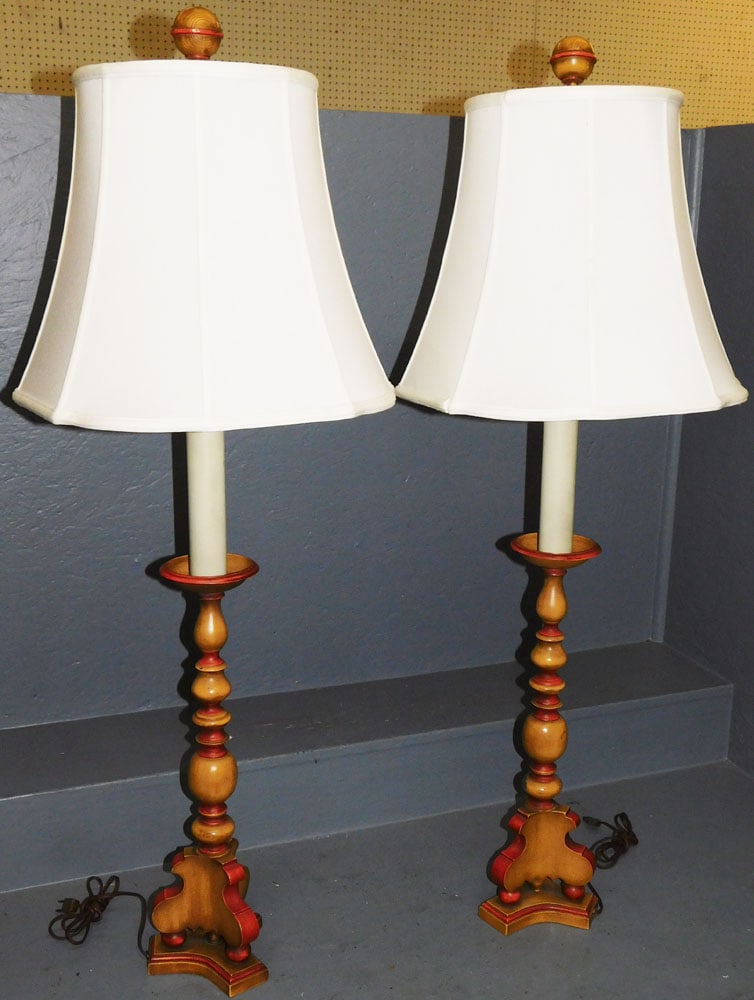 Pair of 2 Light Italian Style 2 Tone Painted Metal Candlestick Form Lamps (1 of 5)