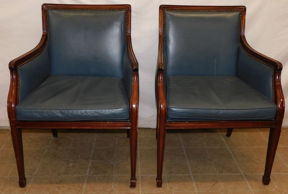 Pair Mahogany Leather Upholstered Arm Chairs By Smith & Watson (NY) (1 of 7)