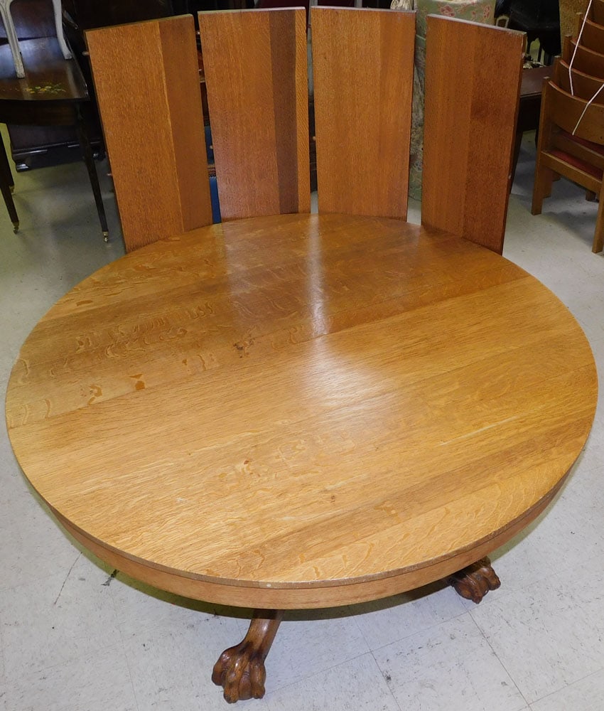 Antique Tiger Oak Round Dining Table With Four Leaves & Ball & Claw Feet (1 of 6)